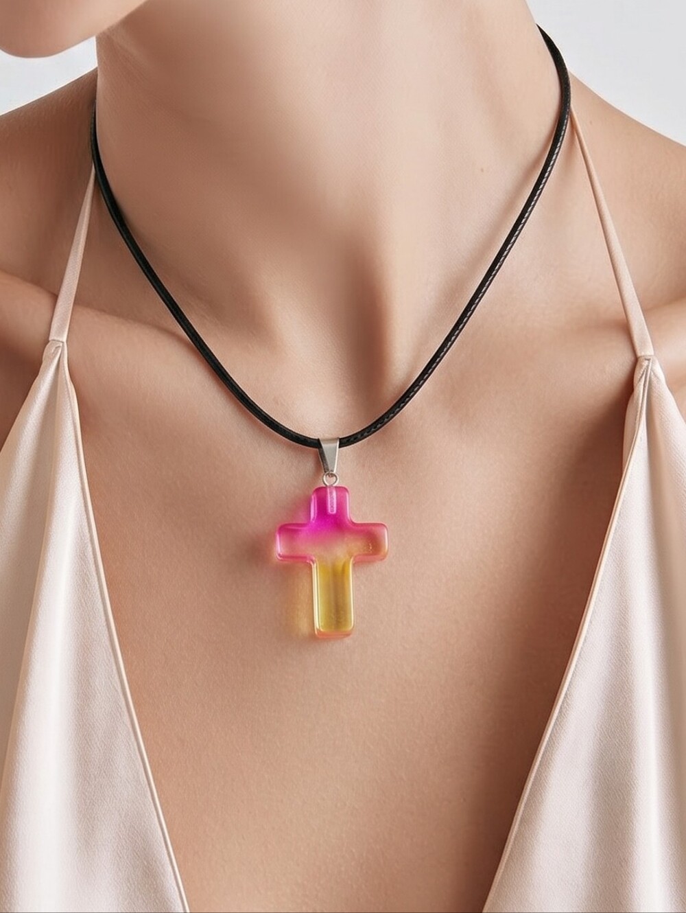Pink Yellow Ombre Crystal Cross Necklace Translucent Rock Stone Pendant Boho